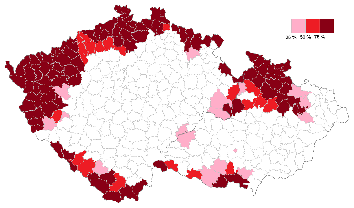 Podíl obyvatelstva německé národnosti v soudních okresech českých zemí podle sčítání lidu roku 1930. (3)